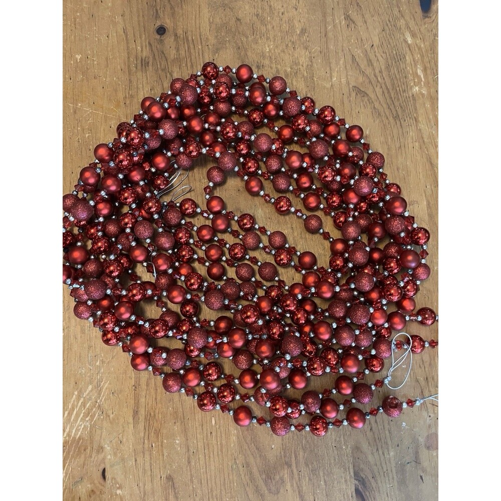 Vtg 45ft Red Ornament BeadMetallic Shiny Glitter Plastic Xmas Ball Garland